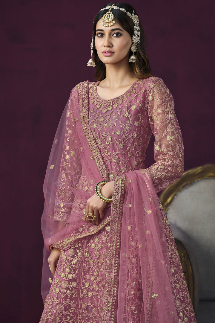 Pink Color Festive Wear Embroidered Fashionable Anarkali Suit In Net Fabric