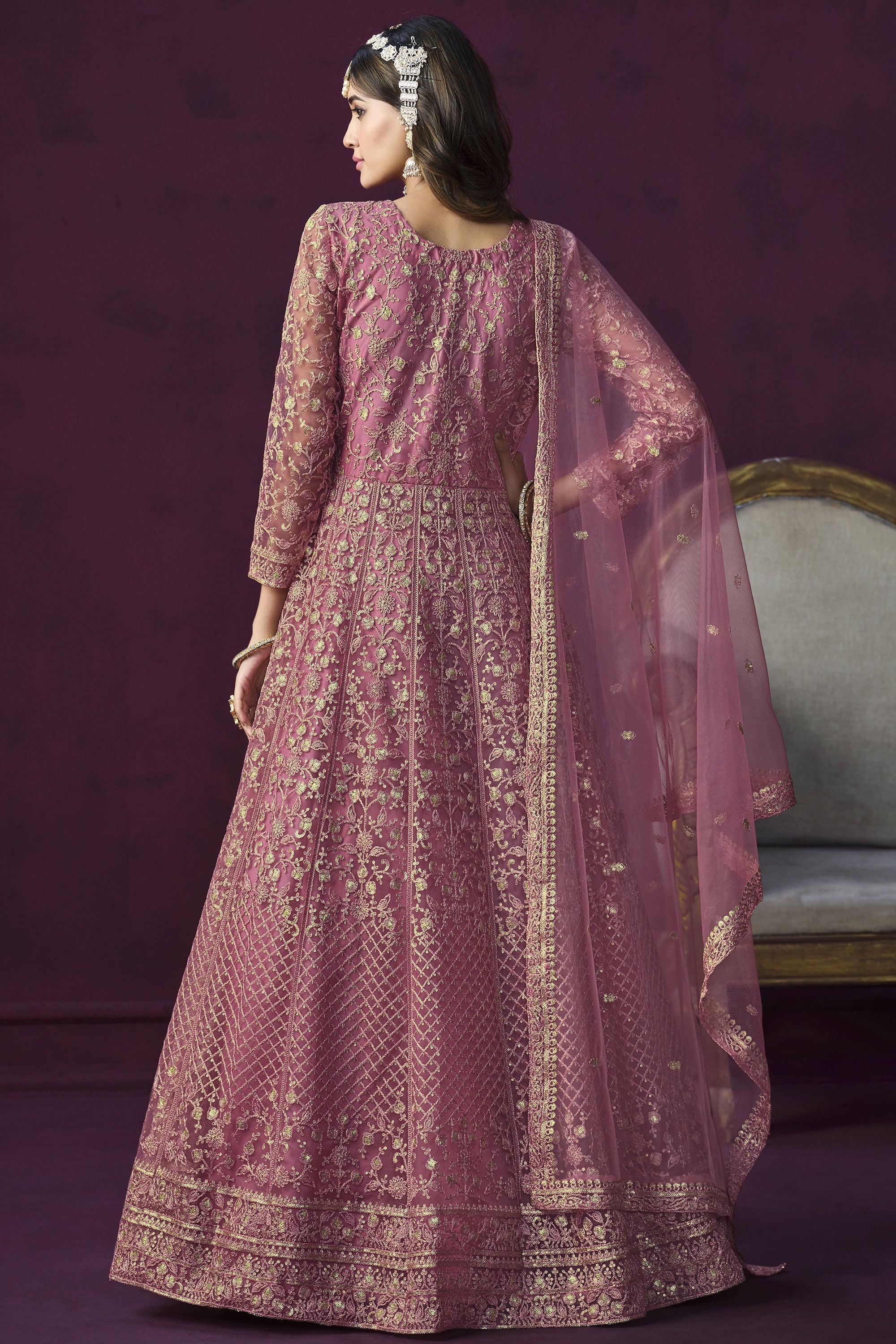 Pink Color Festive Wear Embroidered Fashionable Anarkali Suit In Net Fabric