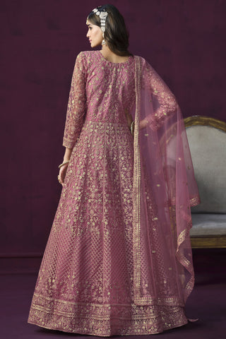 Pink Color Festive Wear Embroidered Fashionable Anarkali Suit In Net Fabric