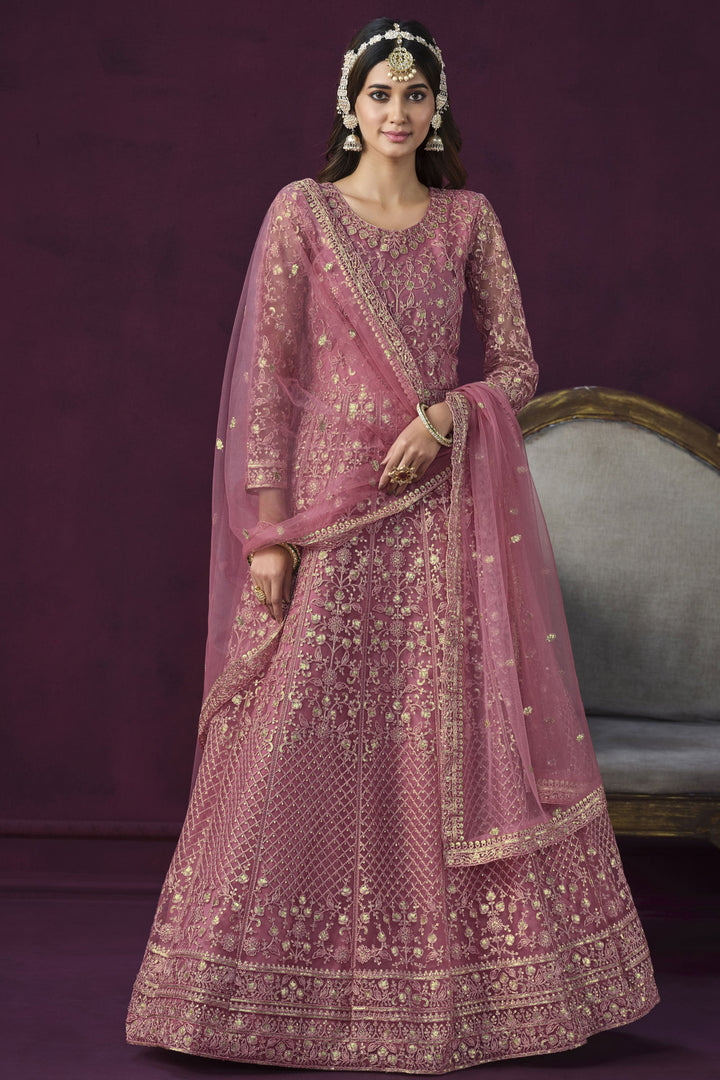Pink Color Festive Wear Embroidered Fashionable Anarkali Suit In Net Fabric