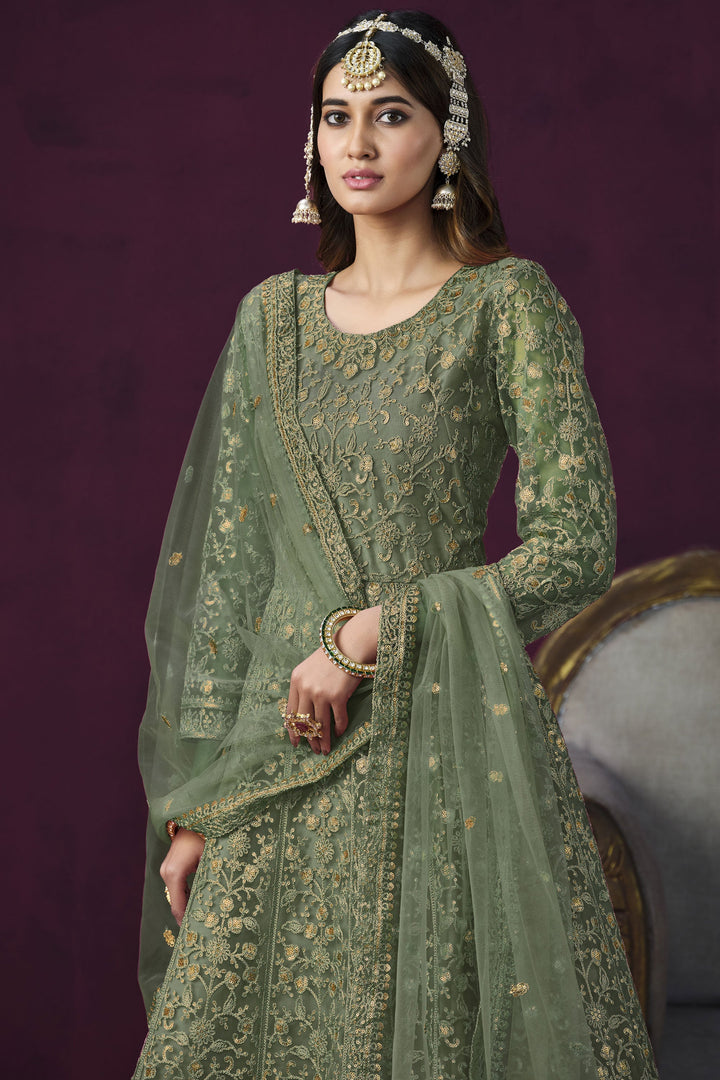 Net Fabric Embroidered Function Wear Stylish Anarkali Suit In Sea Green Color