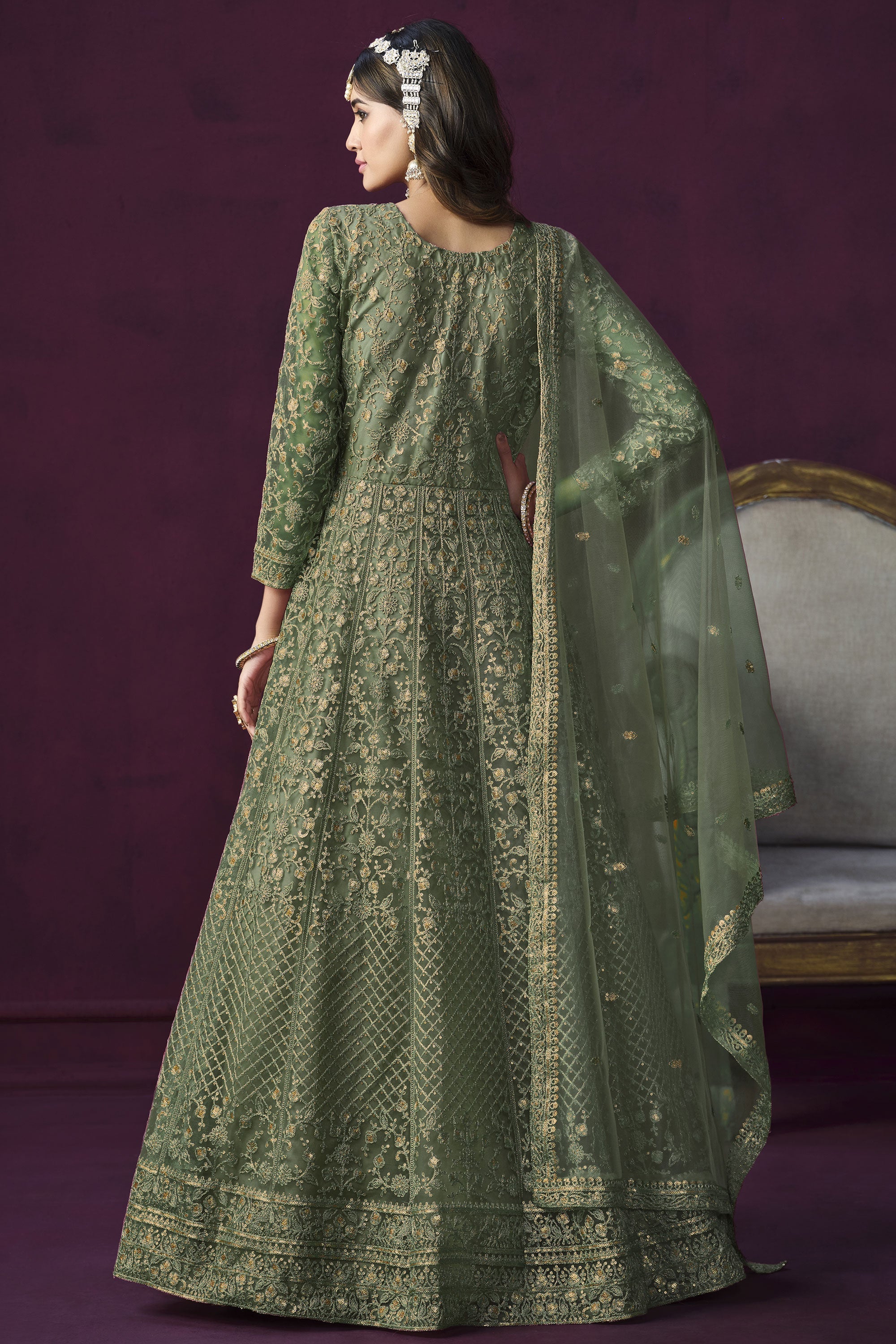 Net Fabric Embroidered Function Wear Stylish Anarkali Suit In Sea Green Color