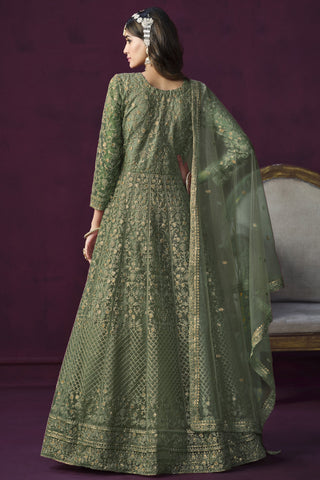 Net Fabric Embroidered Function Wear Stylish Anarkali Suit In Sea Green Color