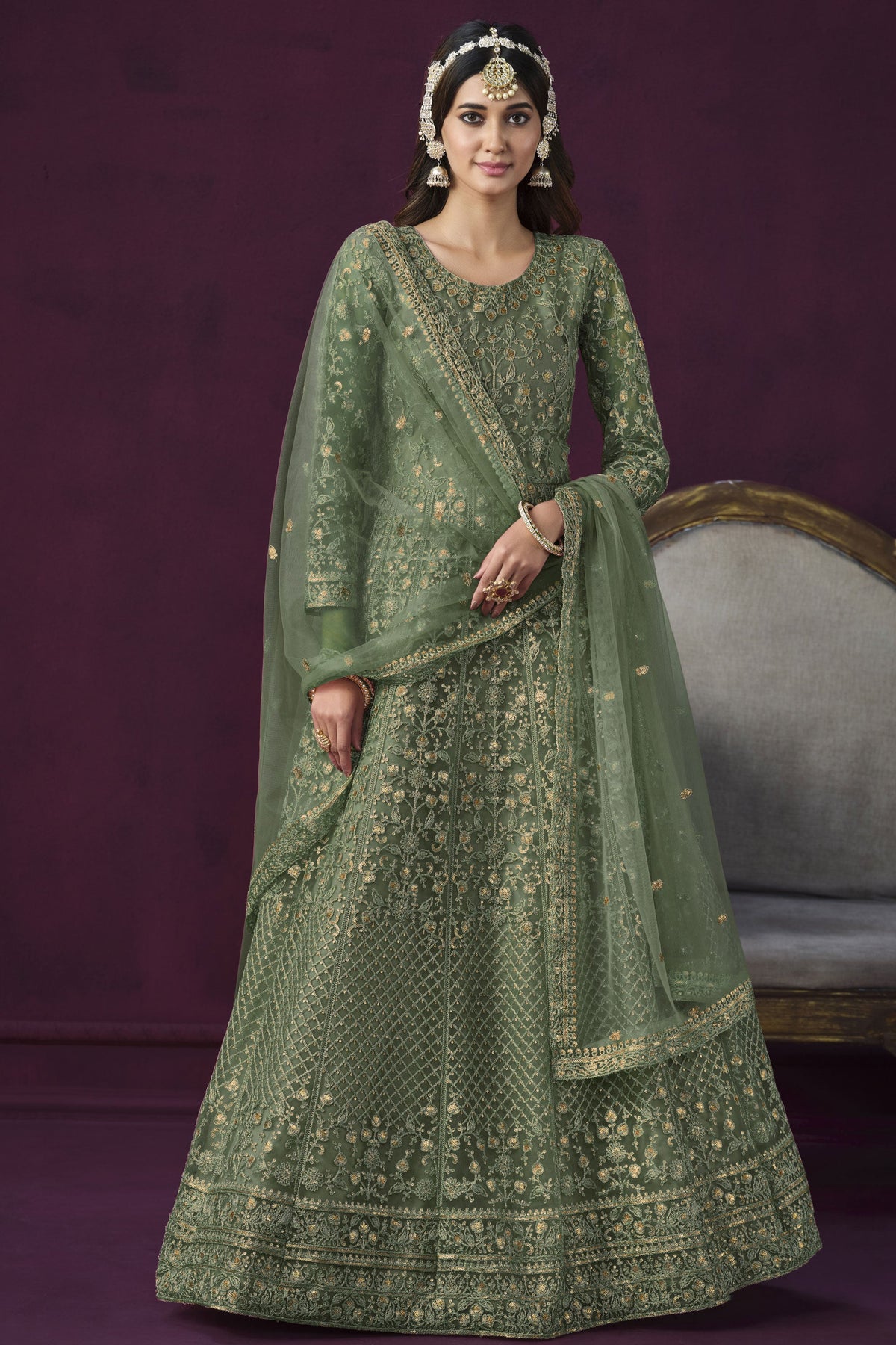 Net Fabric Embroidered Function Wear Stylish Anarkali Suit In Sea Green Color