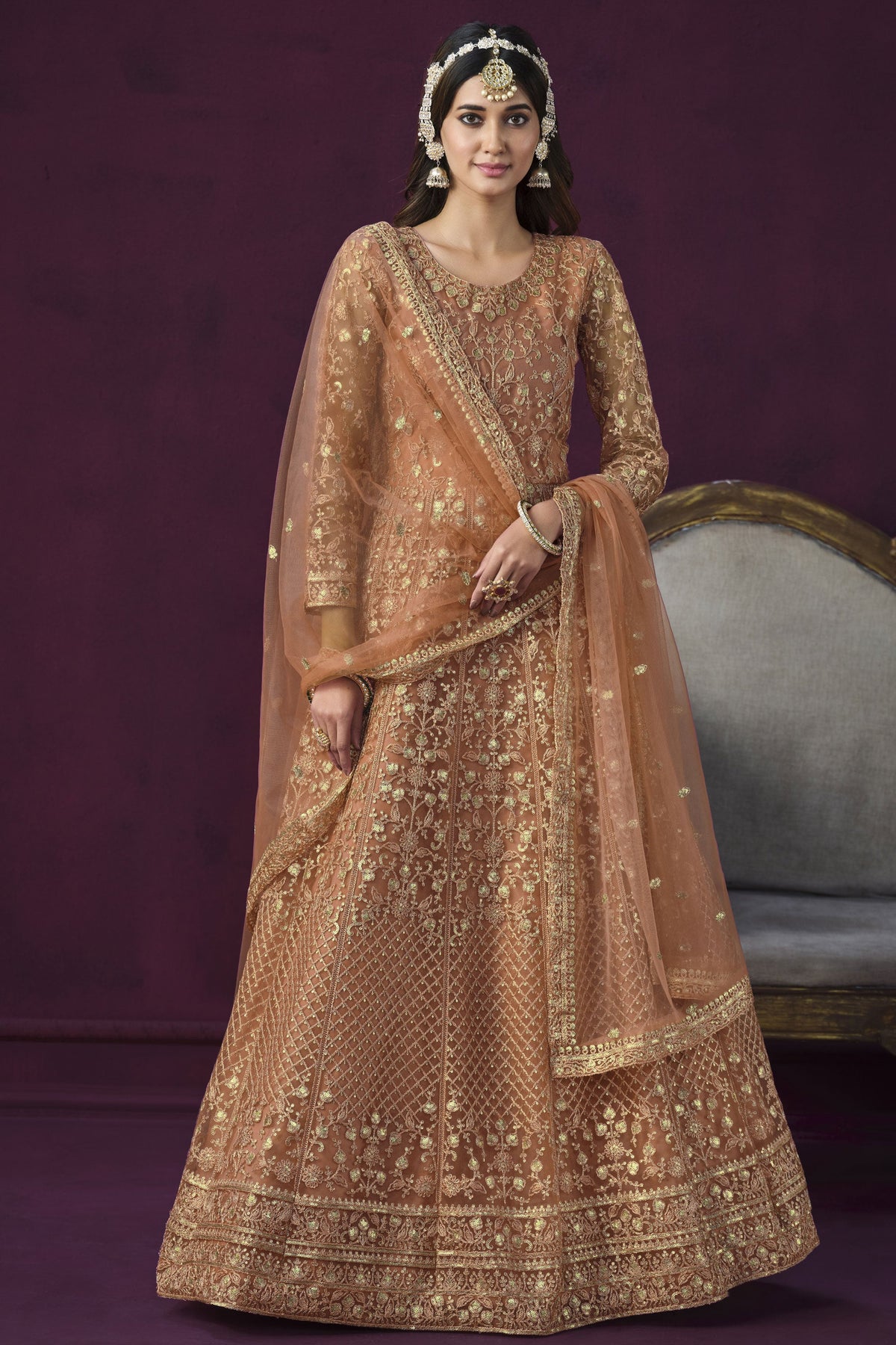 Beautiful Peach Color Embroidered Anarkali Suit In Net Fabric