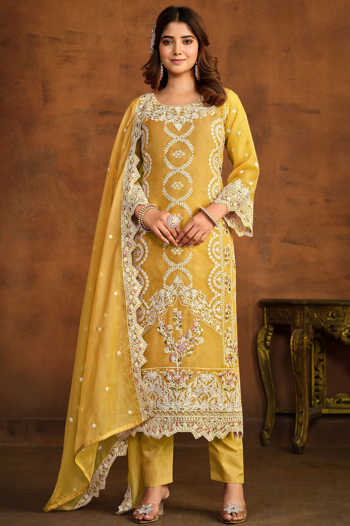 Yellow Embroidered Organza Fabric Designer Salwar Kameez