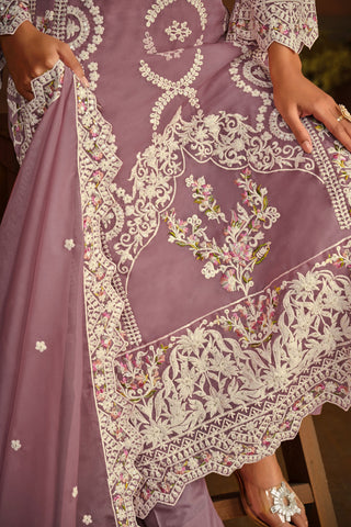 Organza Fabric Designer Embroidered Salwar Suit In Lavender Color