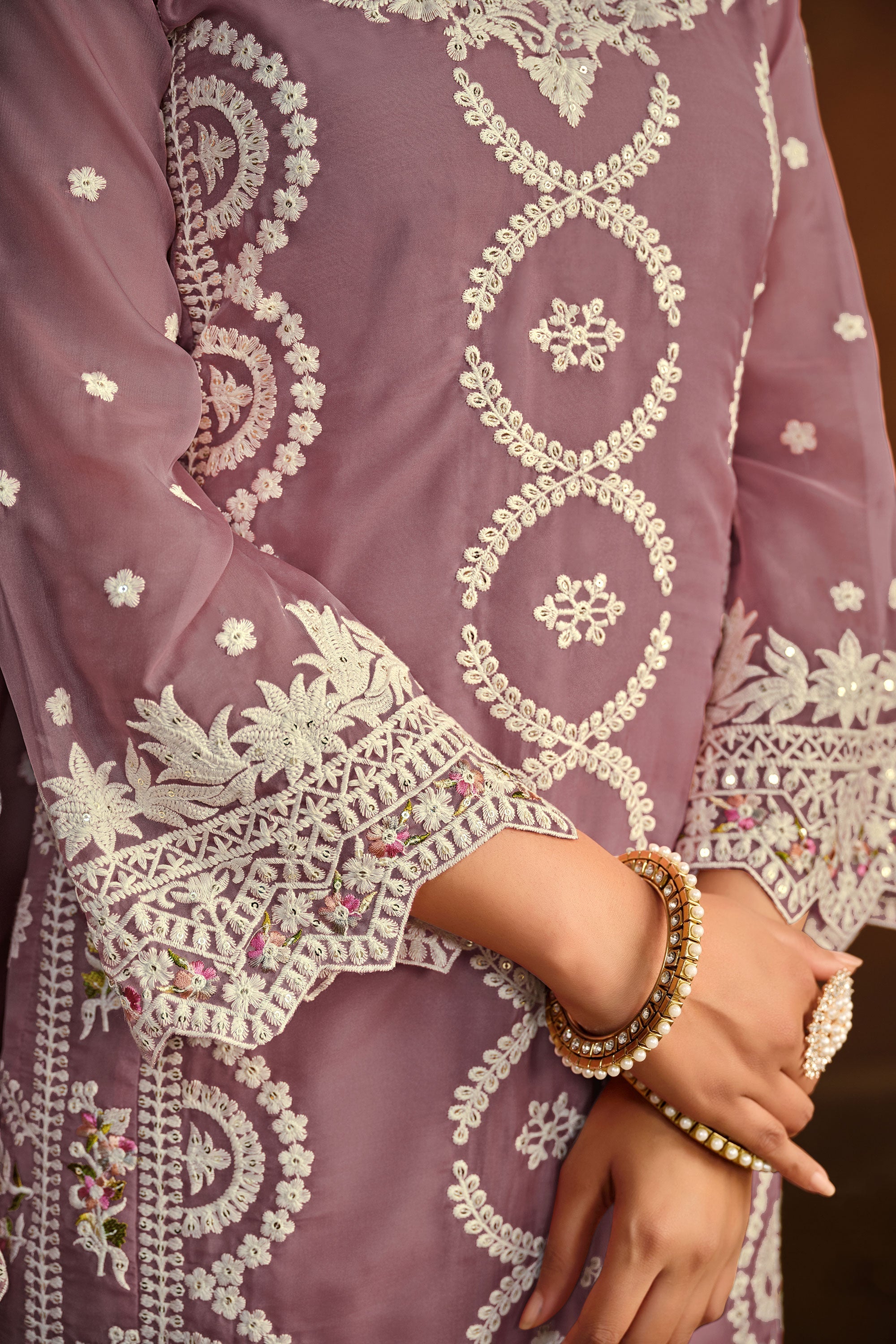 Organza Fabric Designer Embroidered Salwar Suit In Lavender Color