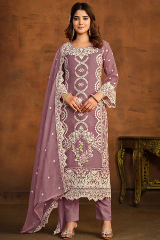 Organza Fabric Designer Embroidered Salwar Suit In Lavender Color