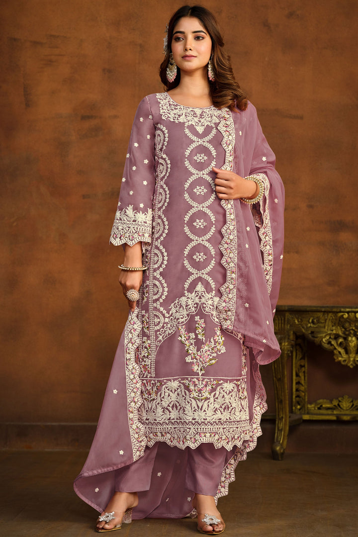 Organza Fabric Designer Embroidered Salwar Suit In Lavender Color