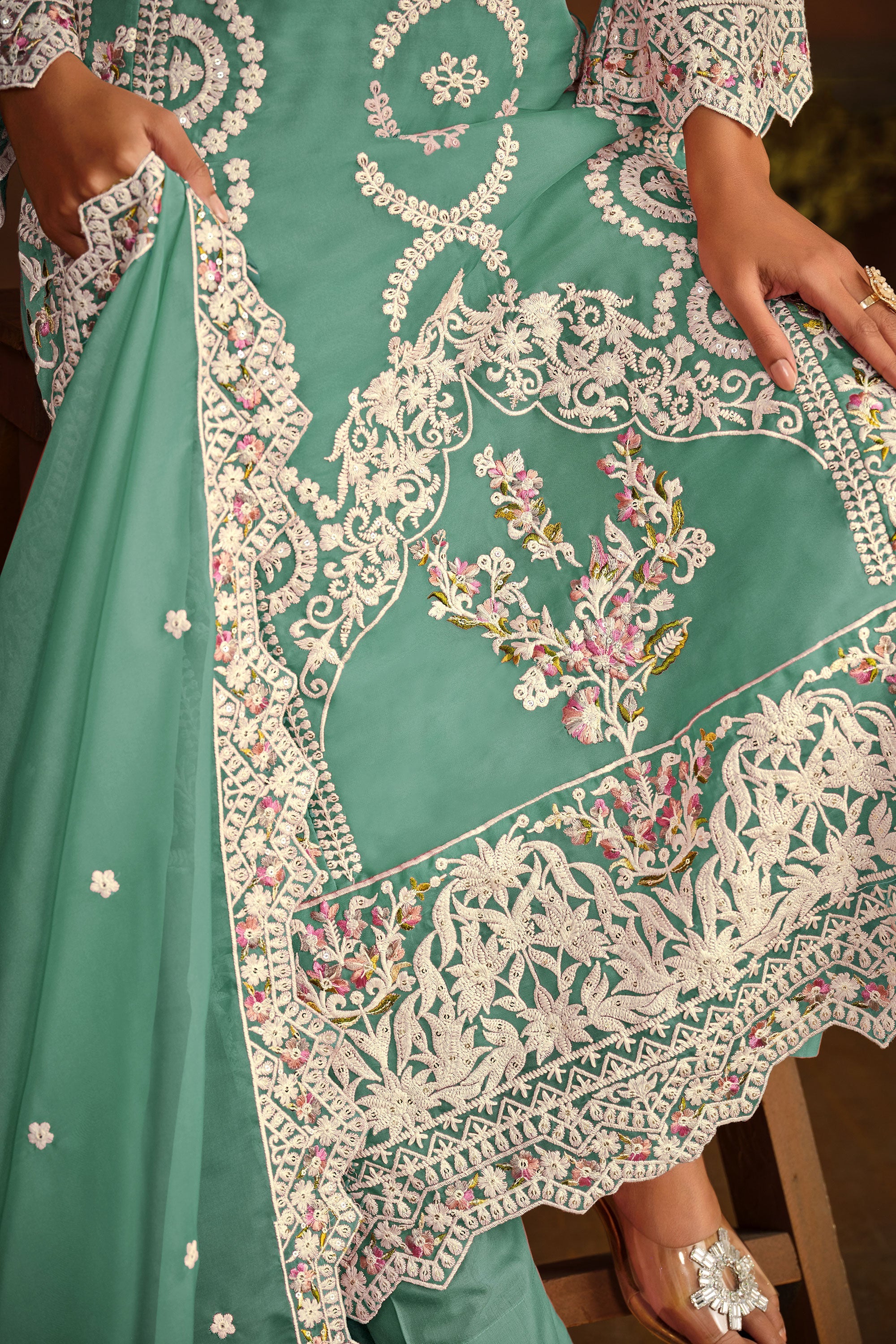 Function Wear Organza Fabric Sea Green Embroidered Designer Suit