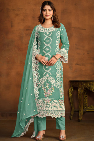 Function Wear Organza Fabric Sea Green Embroidered Designer Suit