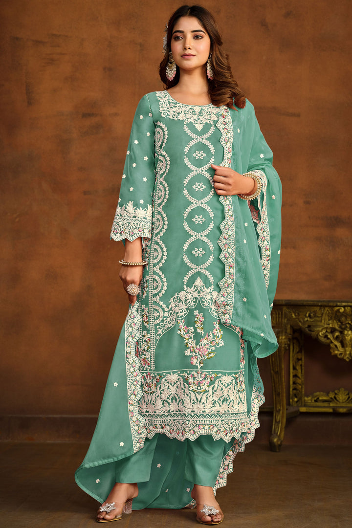 Function Wear Organza Fabric Sea Green Embroidered Designer Suit