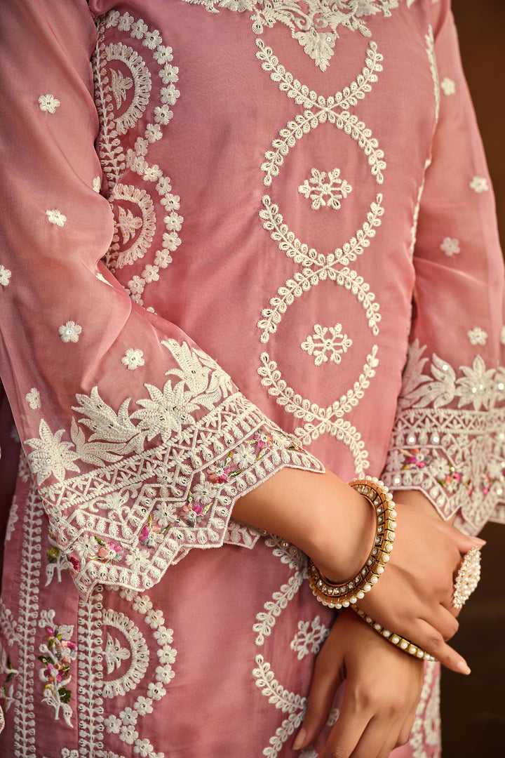 Organza Fabric Embroidered Straight Cut Salwar Kameez In Pink Color