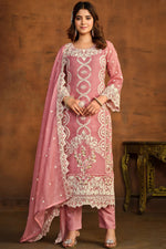Load image into Gallery viewer, Organza Fabric Embroidered Straight Cut Salwar Kameez In Pink Color