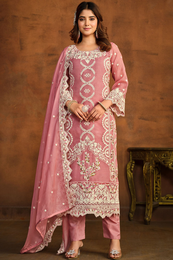 Organza Fabric Embroidered Straight Cut Salwar Kameez In Pink Color