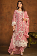 Load image into Gallery viewer, Organza Fabric Embroidered Straight Cut Salwar Kameez In Pink Color