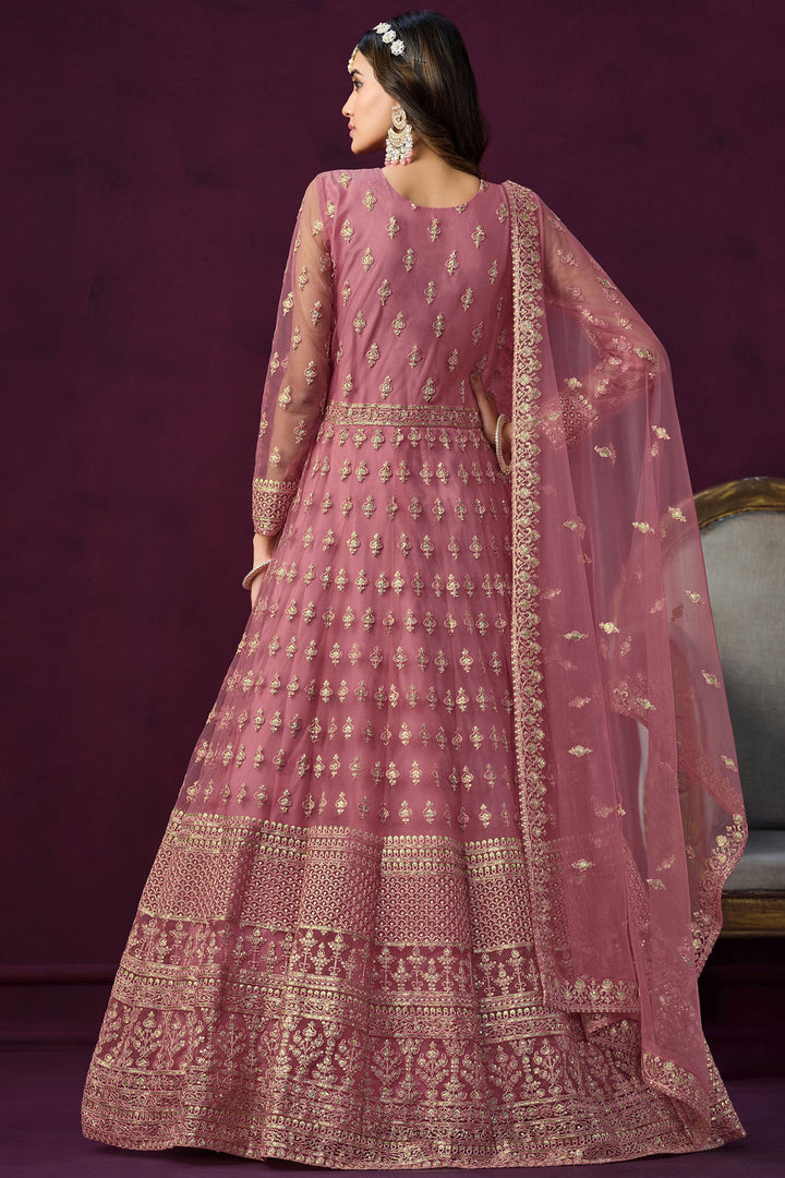 Fancy Embroidered Net Fabric Long Anarkali Suit In Pink Color