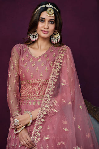 Fancy Embroidered Net Fabric Long Anarkali Suit In Pink Color