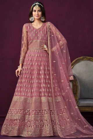 Fancy Embroidered Net Fabric Long Anarkali Suit In Pink Color