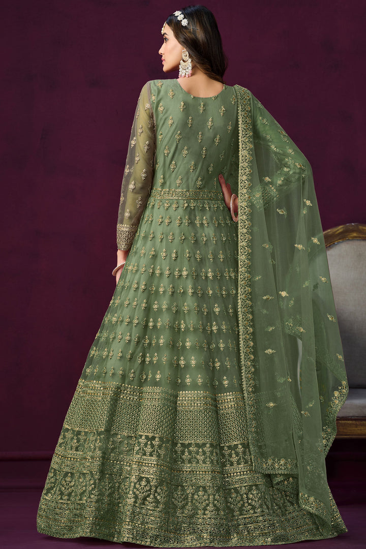 Sea Green Color Long Embroidered Anarkali Suit In Net Fabric