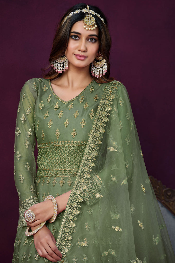 Sea Green Color Long Embroidered Anarkali Suit In Net Fabric