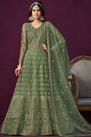 Sea Green Color Long Embroidered Anarkali Suit In Net Fabric