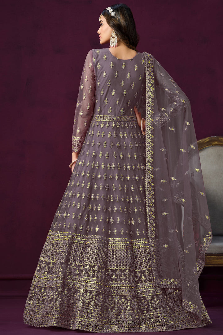 Lavender Color Embroidered Long Anarkali Suit In Net Fabric