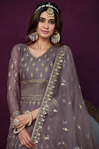 Lavender Color Embroidered Long Anarkali Suit In Net Fabric