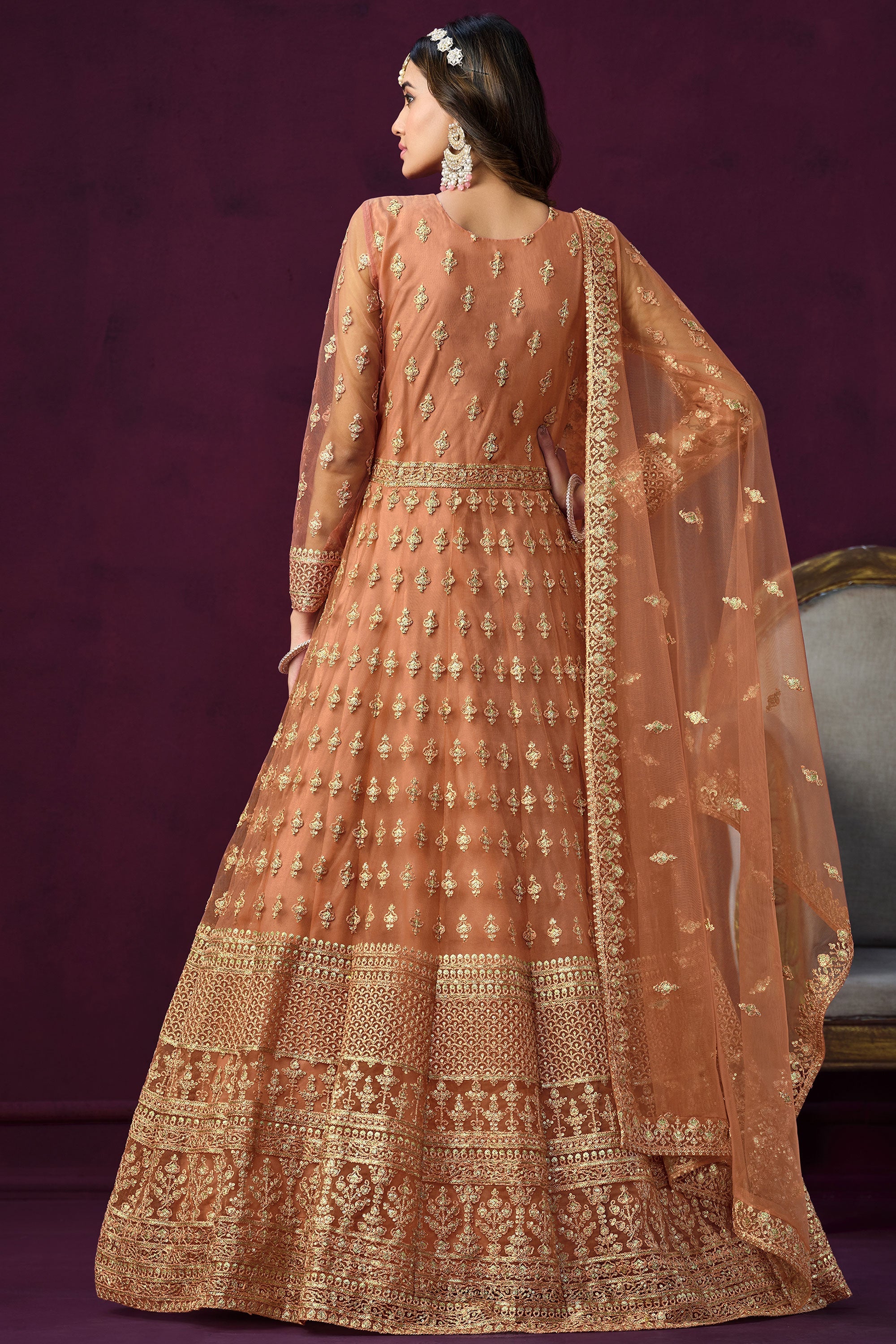 Peach Embroidered Long Anarkali Suit In Net Fabric