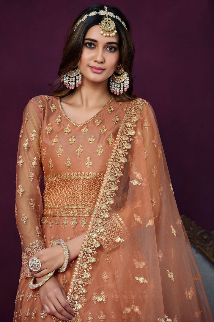 Peach Embroidered Long Anarkali Suit In Net Fabric
