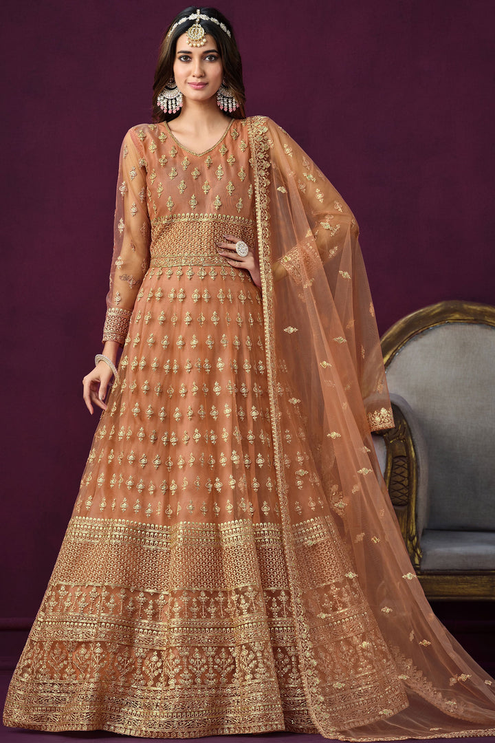 Peach Embroidered Long Anarkali Suit In Net Fabric