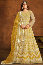 Load image into Gallery viewer, Net Fabric Fancy Embroidered Festive Wear Anarkali Suit In Yellow Color