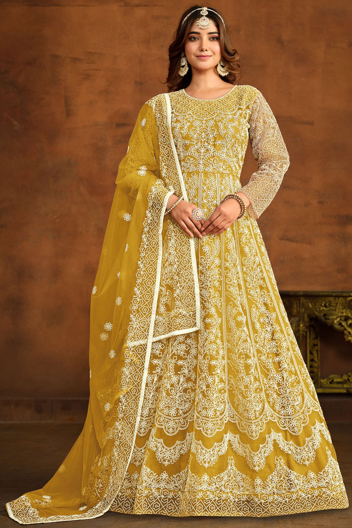 Net Fabric Fancy Embroidered Festive Wear Anarkali Suit In Yellow Color