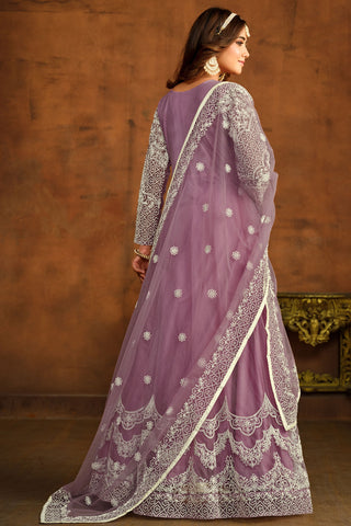 Lavender Color Festive Wear Embroidered Anarkali Suit In Net Fabric