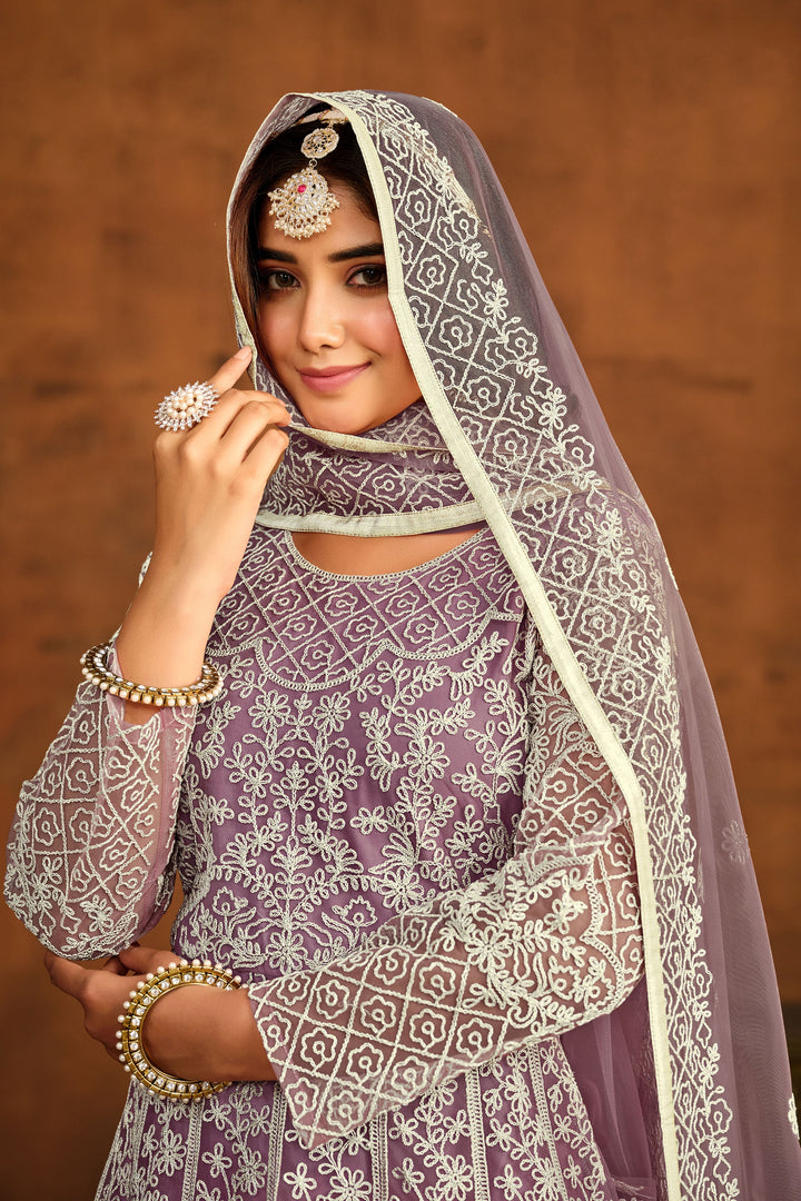 Lavender Color Festive Wear Embroidered Anarkali Suit In Net Fabric