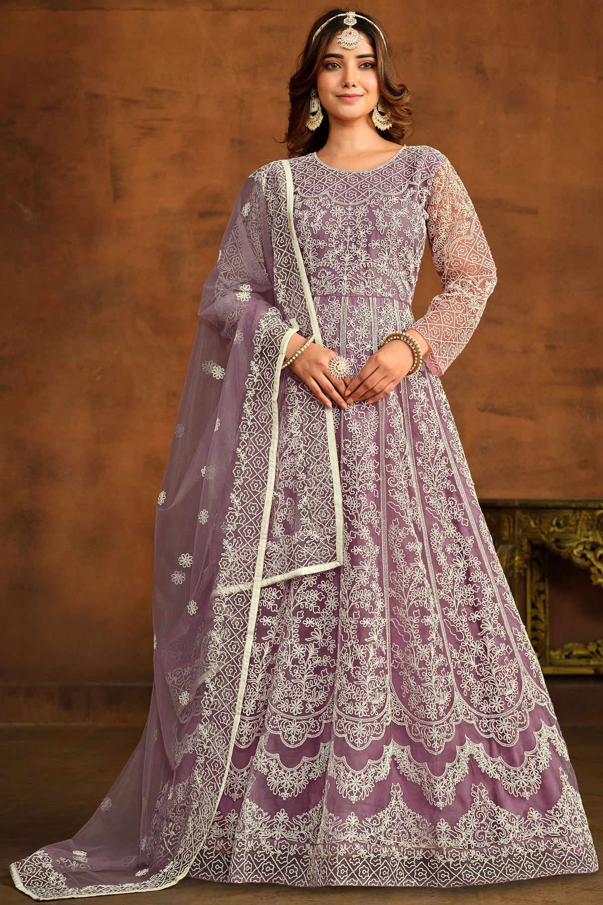 Lavender Color Festive Wear Embroidered Anarkali Suit In Net Fabric