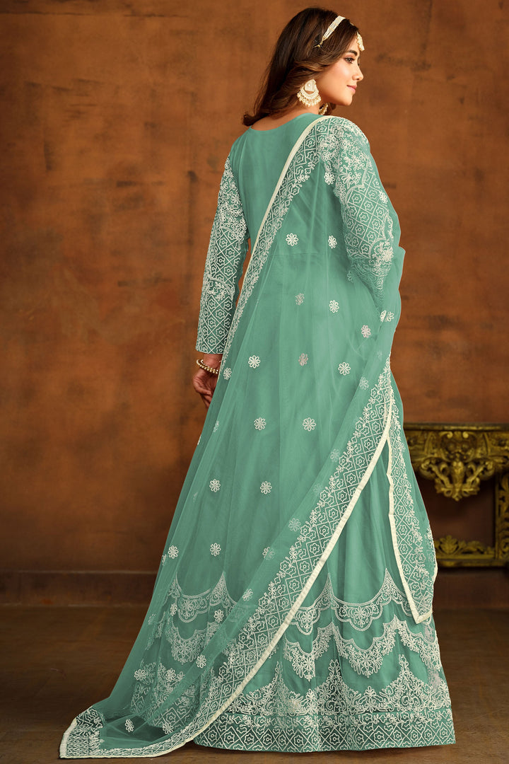 Festive Wear Sea Green Color Embroidered Anarkali Suit In Net Fabric