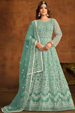 Load image into Gallery viewer, Festive Wear Sea Green Color Embroidered Anarkali Suit In Net Fabric