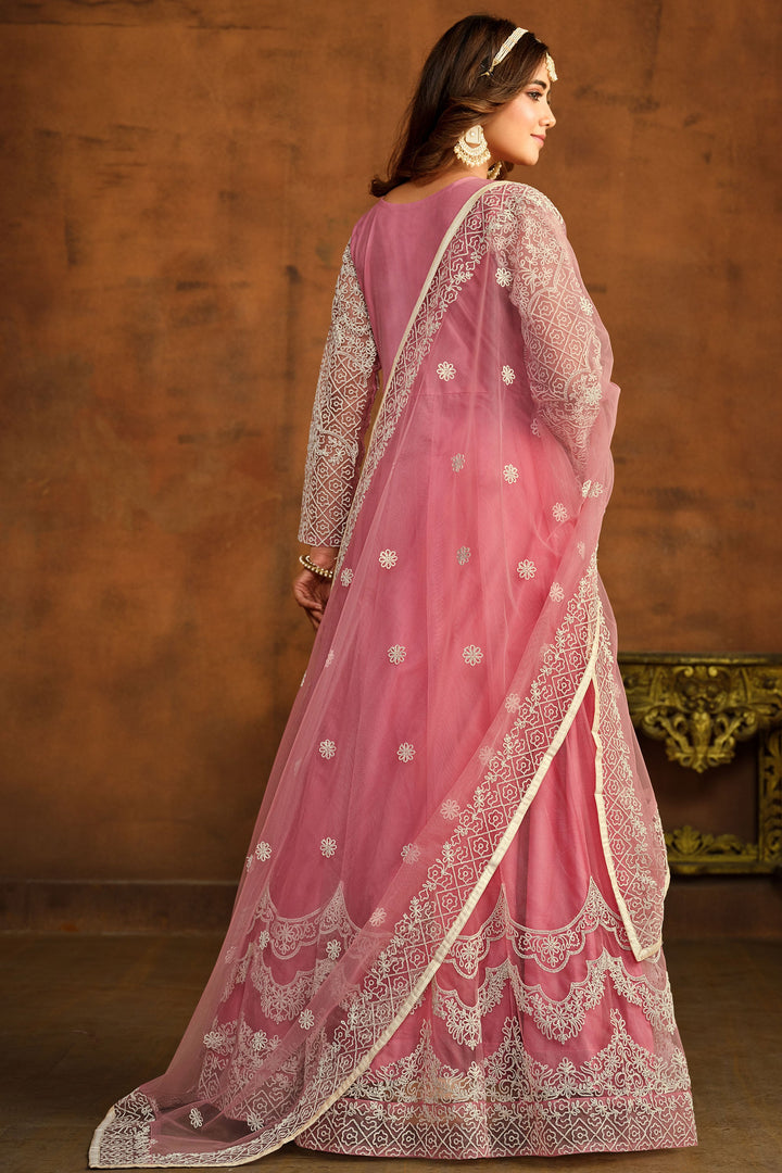 Embroidered Festive Wear Anarkali Suit In Net Fabric Pink Color