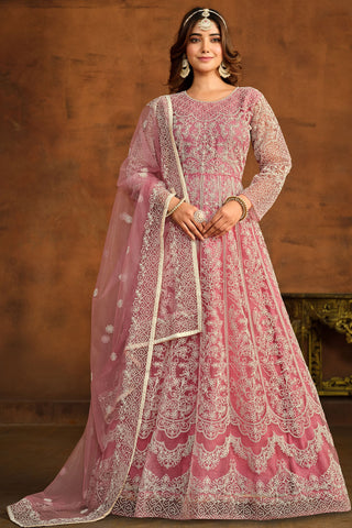 Embroidered Festive Wear Anarkali Suit In Net Fabric Pink Color