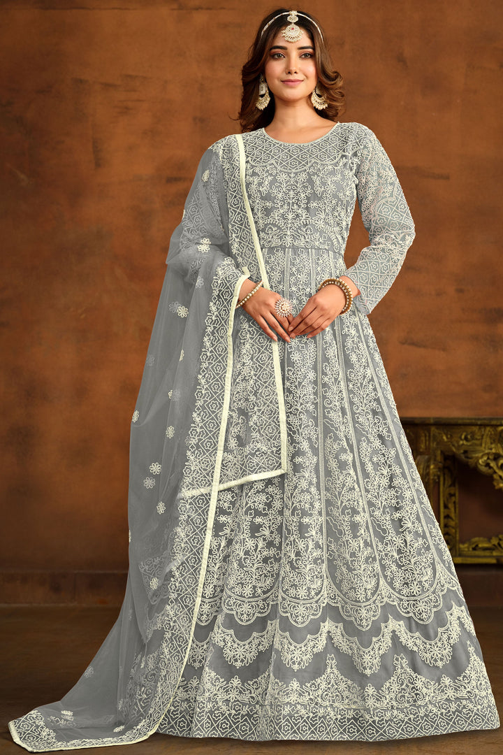 Grey Color Festive Wear Embroidered Anarkali Suit In Net Fabric