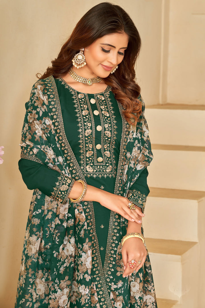 Art Silk Embroidered Straight Cut Salwar Suit In Dark Green Color