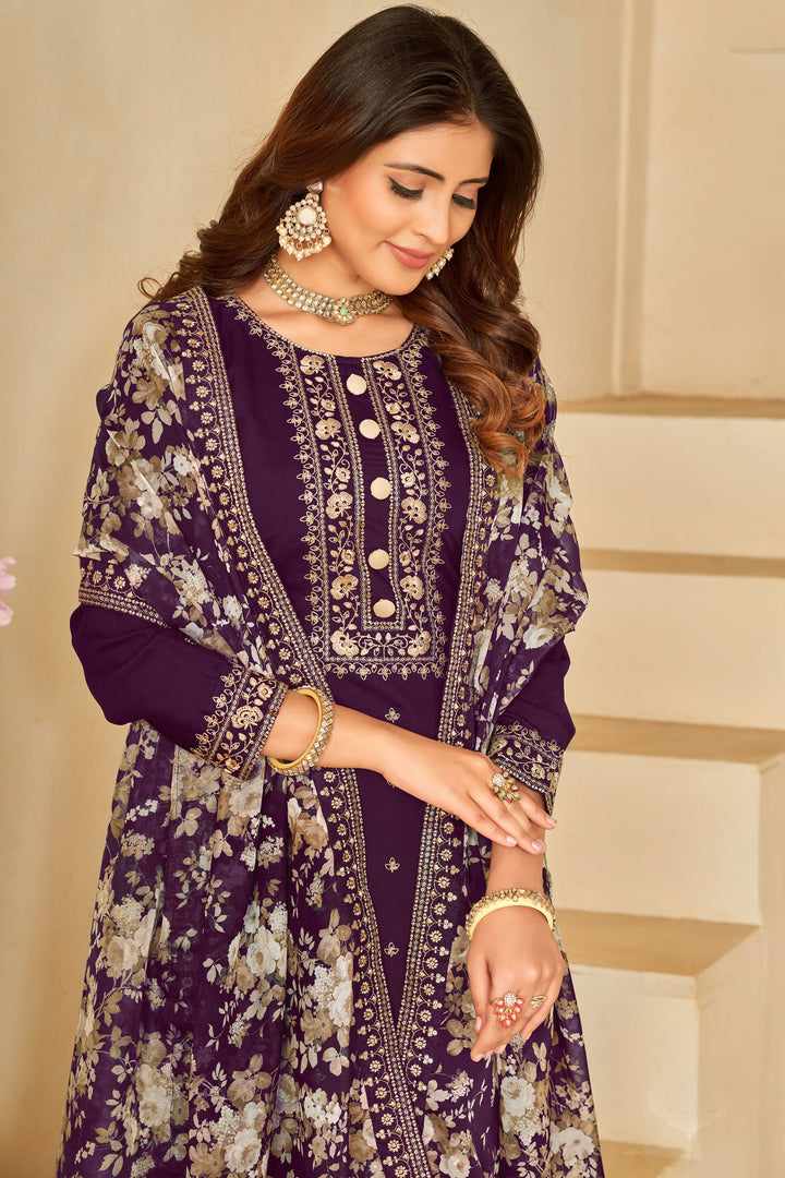 Purple Color Embroidered Straight Cut Salwar Suit In Art Silk Fabric