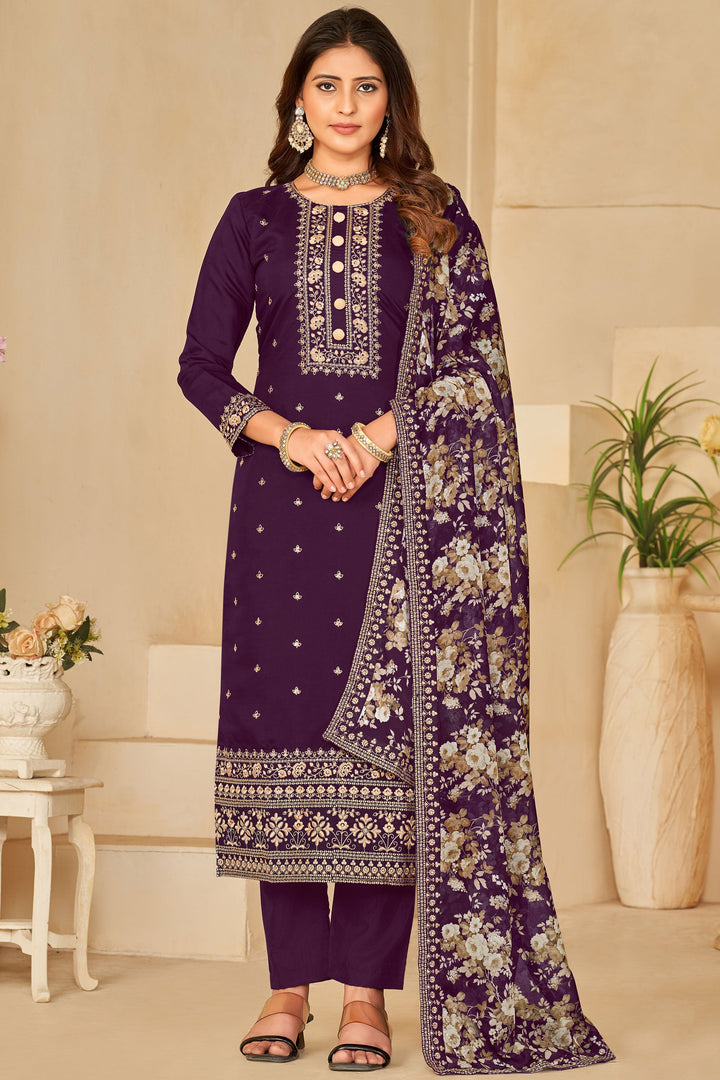 Purple Color Embroidered Straight Cut Salwar Suit In Art Silk Fabric