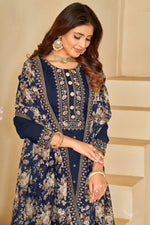 Load image into Gallery viewer, Festive Wear Navy Blue Color Designer Straight Cut Suit In Art Silk Fabric