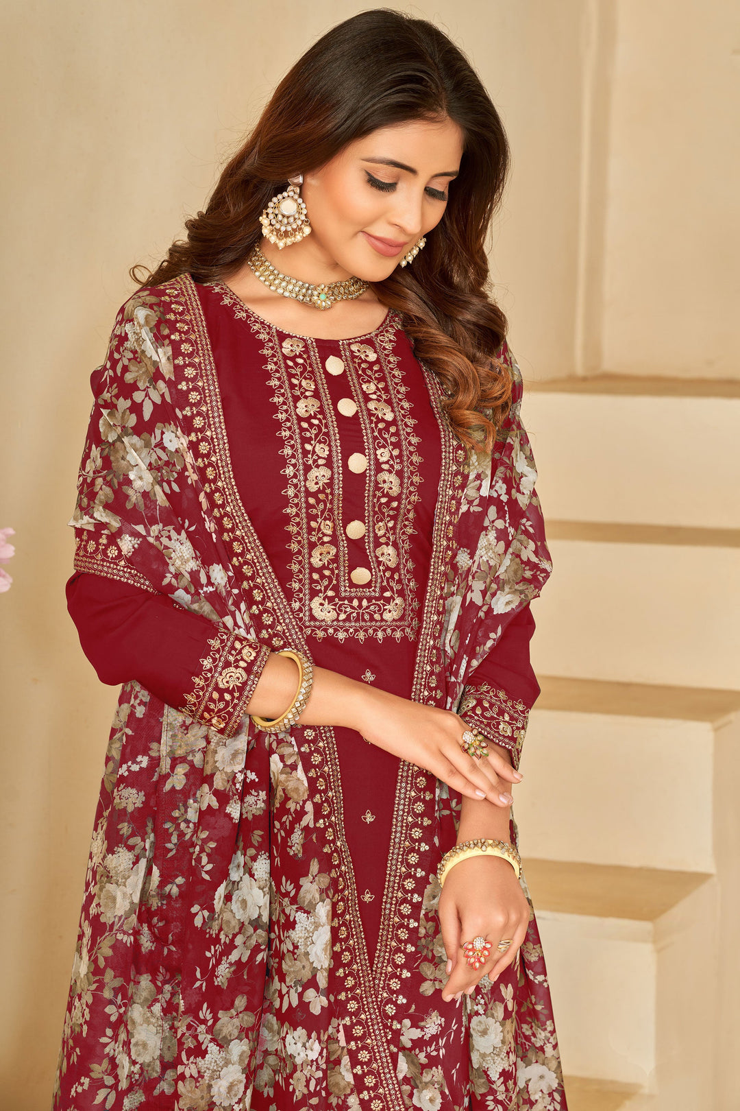 Red Color Festive Wear Long Straight Cut Dress In Art Silk Fabric