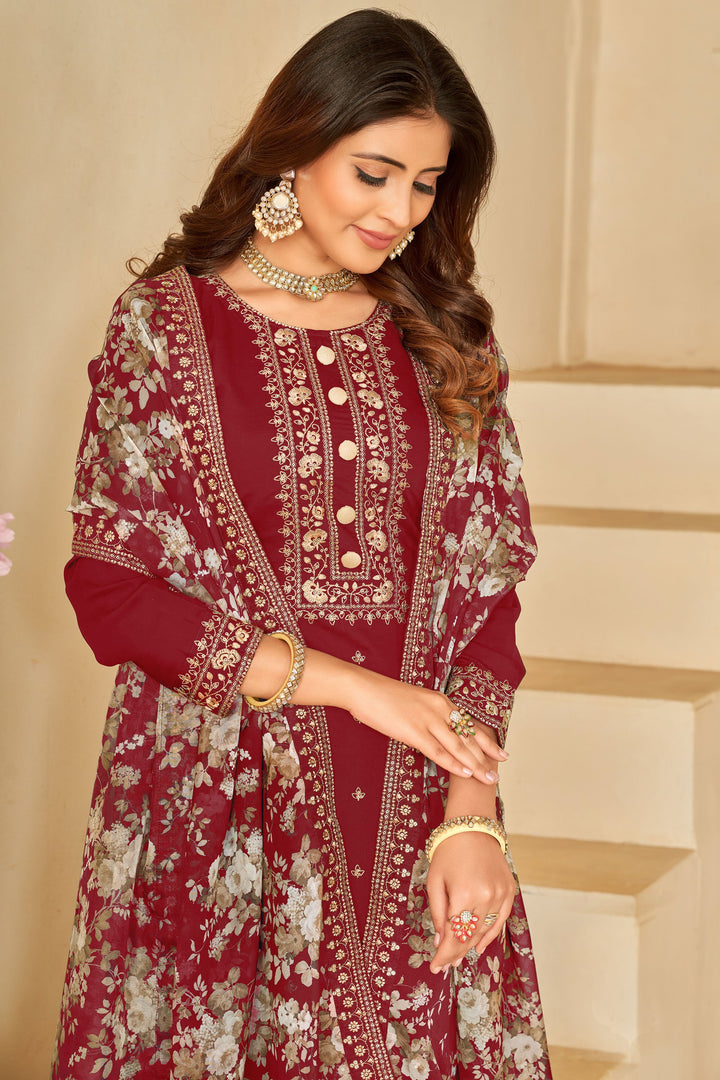 Red Color Festive Wear Long Straight Cut Dress In Art Silk Fabric