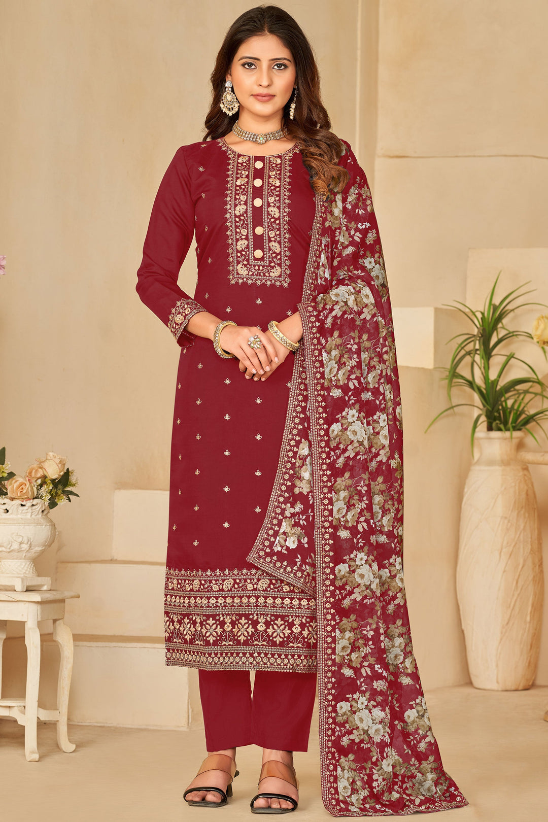 Red Color Festive Wear Long Straight Cut Dress In Art Silk Fabric