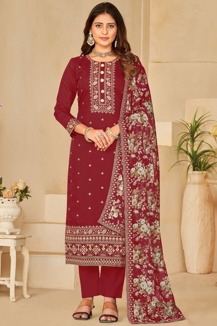 Red Color Festive Wear Long Straight Cut Dress In Art Silk Fabric